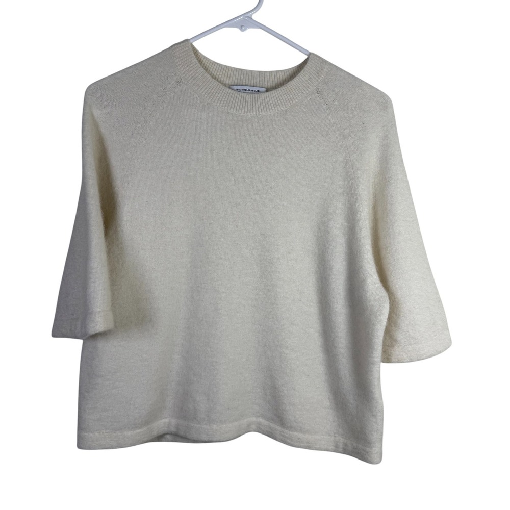 & Other Stories Wool Alpaca Blend Crewneck 1/2 Sleeve Boxy Cream Sweater Size S